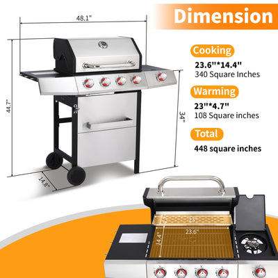 4 Burner Propane Gas Grill Combo w/Side Burner, 3-in-1 BBQ Grill with Charcoal Smoker & Griddle Plate, 46,750 BTU, 448 Sq.In. Stainless Steel Outdoor Cooking Station