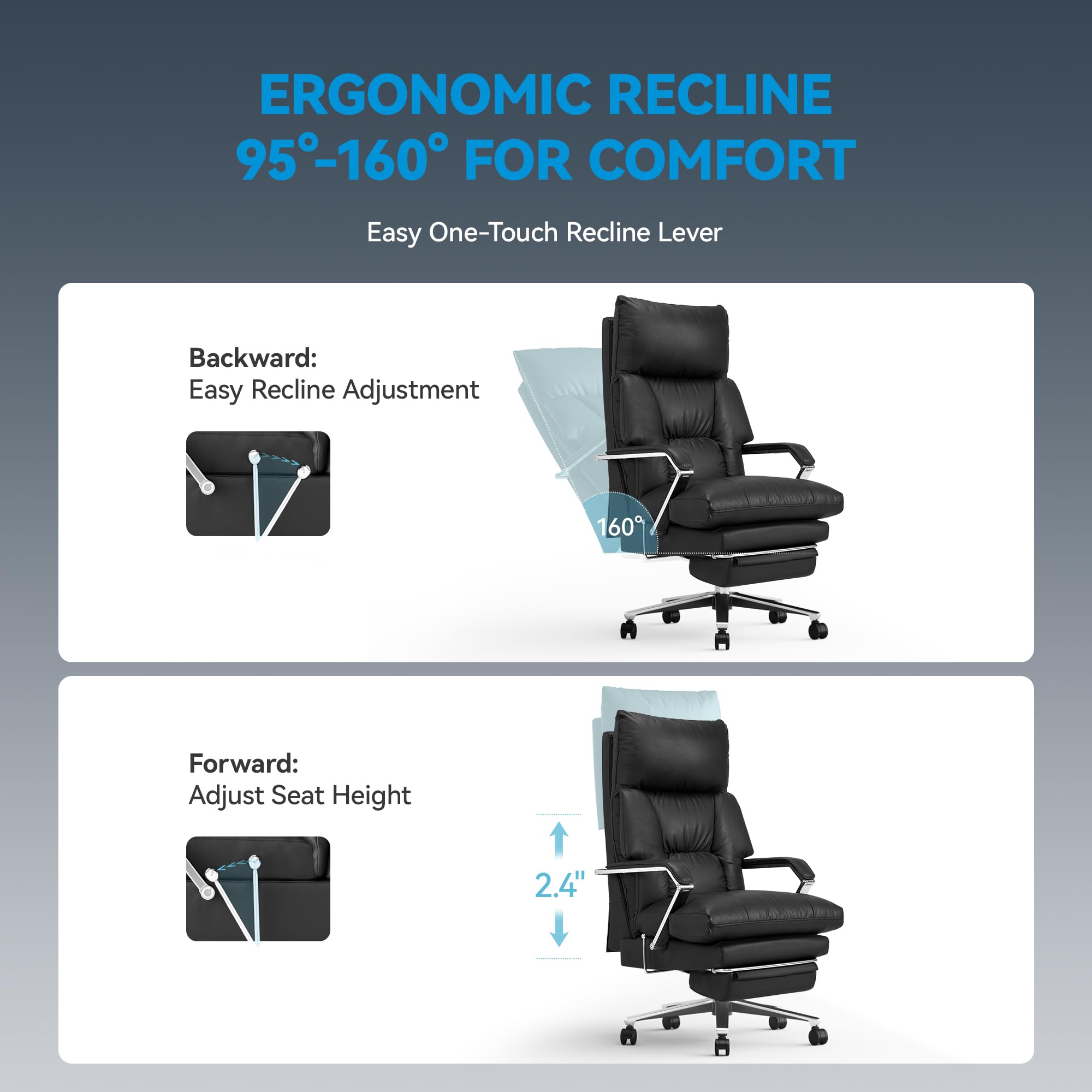 160° Reclining Office Chair with Footrest, 10" Thick Cloud Cushion Executive Desk Chair, Extra Wide Cross-Legged Ergonomic Chair for Big and Tall, Adjustable Seat Depth, Easy Assembly, Black