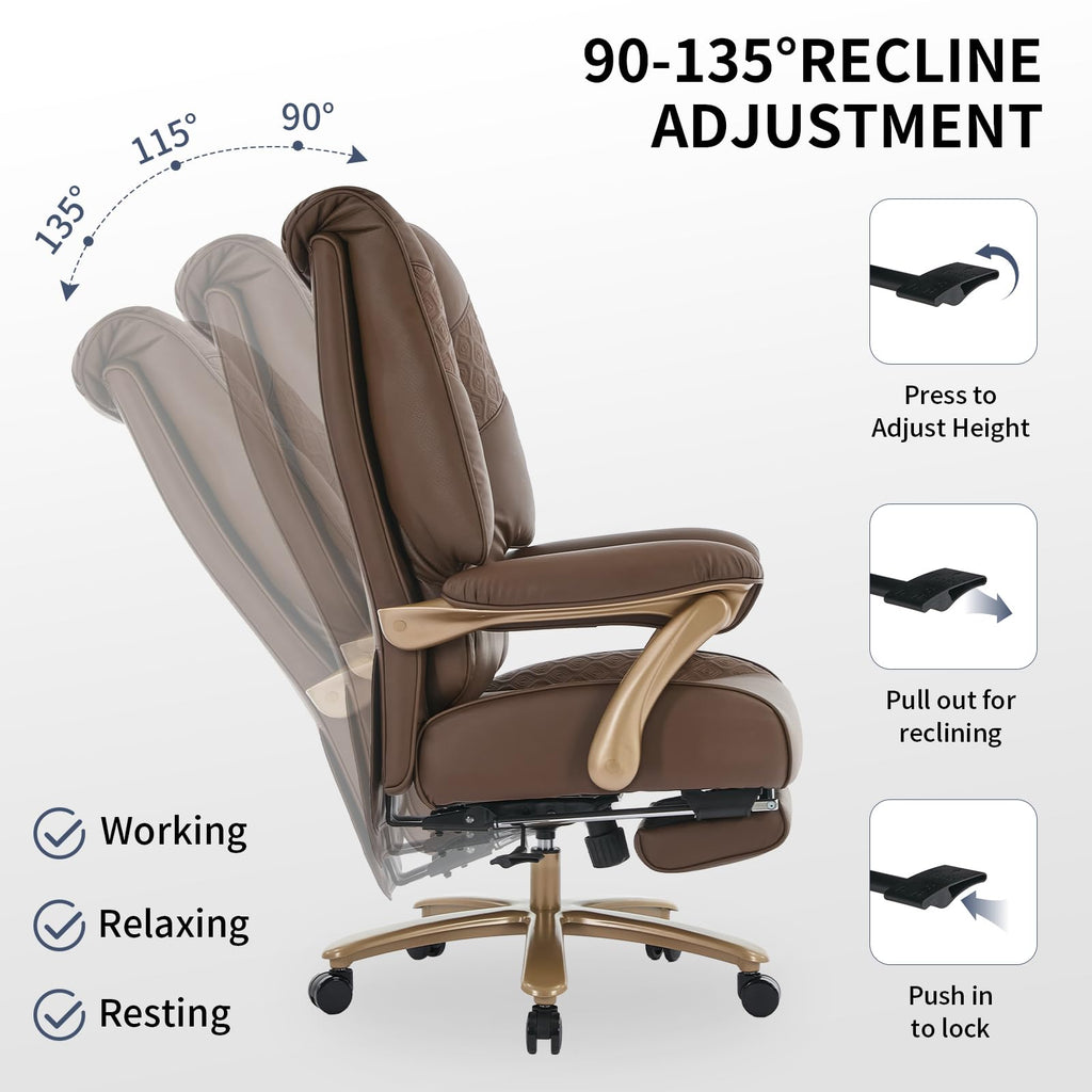 Big and Tall Executive Office Chair with Footrest, 400LBS Capacity Ergonomic High-Back Desk Office Chair with Lumbar Support, Padded Armrests & Thick Cushion, Brown PU Leather Chairs