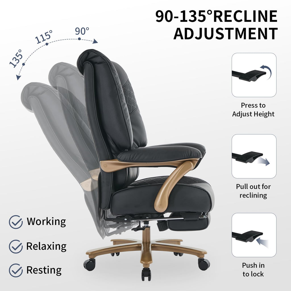 Big and Tall Executive Office Chair with Footrest, 400LBS Capacity Ergonomic High-Back Desk Office Chair with Lumbar Support, Padded Armrests & Thick Cushion, Black PU Leather Chairs