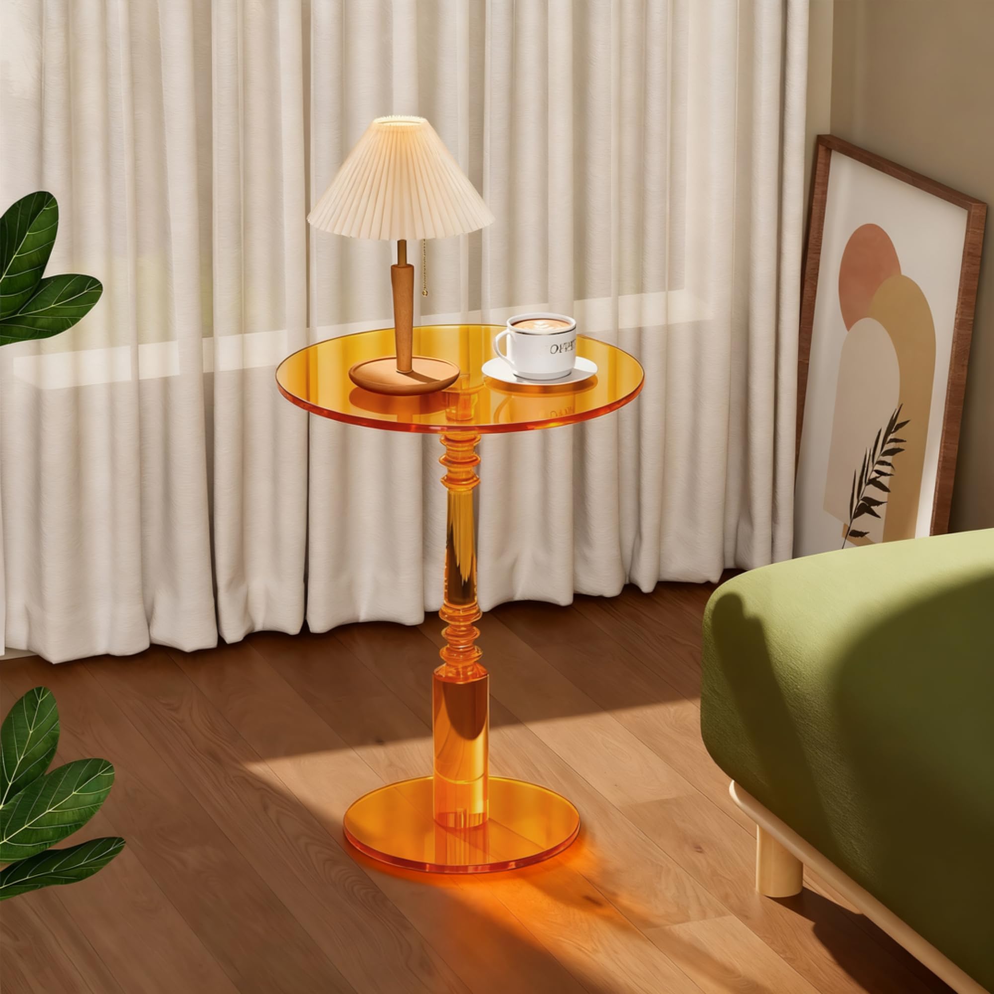 Modern Acrylic Side Table, Round Clear End Table for Living Room,Bedroom Lobby and Office Easy Assembly (Orange, Large)