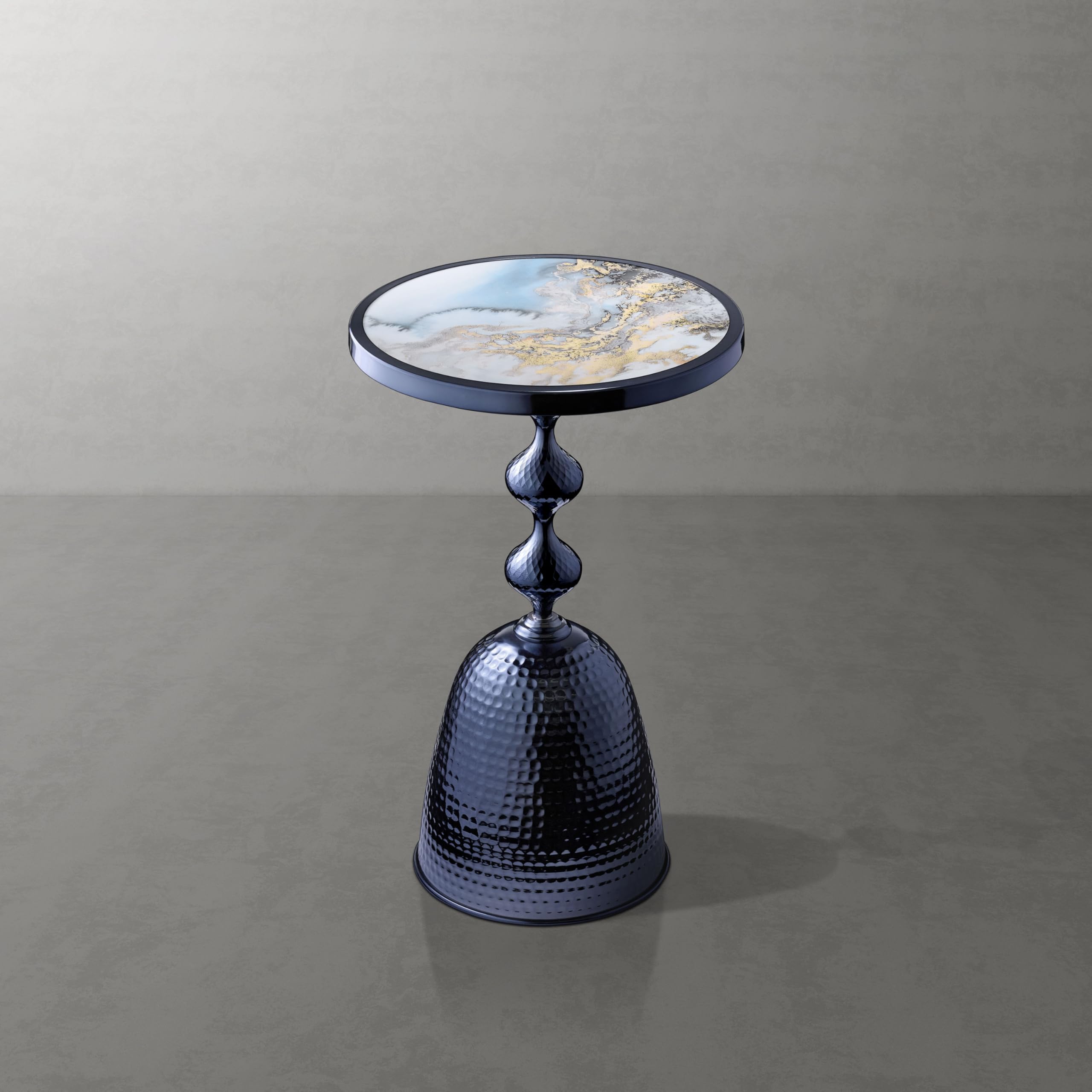 Modern 24" Tall Round End Table with Decorated Tabletop and Iron Metal Base, Accent Furniture, Elegant Pedestal Stand for Living Room, Home Office, Chrome Blue