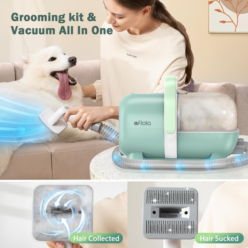 6-in-1 Dog Grooming Kit, Pet Grooming Vacuum for Shedding, Dog Hair Vacuum with Clipper Nail Trimmer Grinder, Pet Brush Groomer at Home, Low Noise Cats Hair Remover, 1.5L Dust Cup, Green