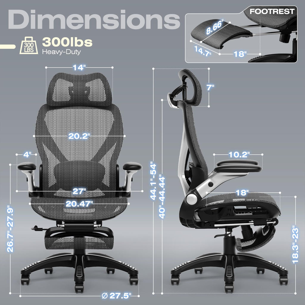 Ergonomic Mesh Office Chair with Footrest, Big and Tall Hone Desk Chair with 5D Flip-Up Arms, Adjustable 3D Lumbar Support,Gaming & Executive Computer Chairs