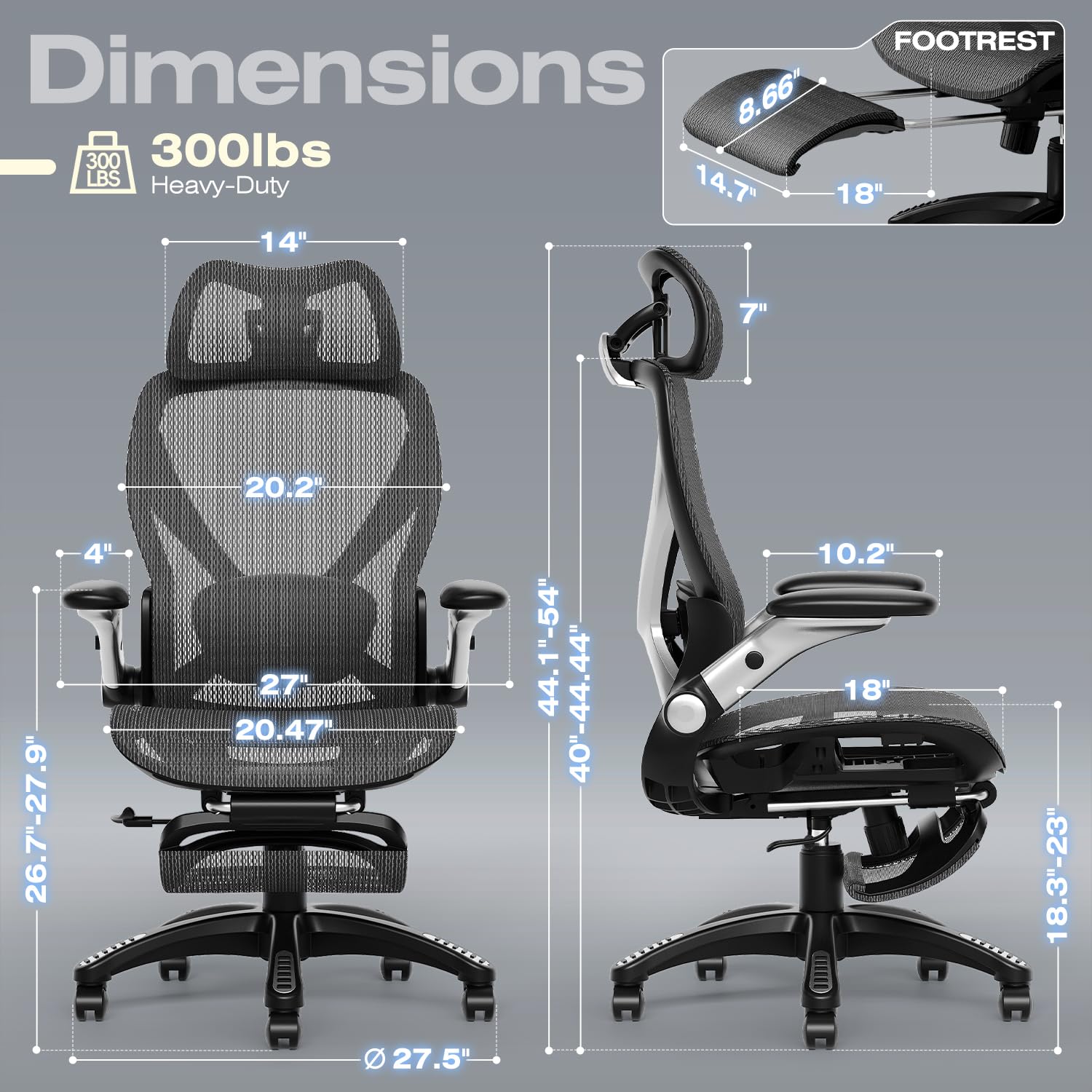 Ergonomic Mesh Office Chair with Footrest, Big and Tall Hone Desk Chair with 5D Flip-Up Arms, Adjustable 3D Lumbar Support,Gaming & Executive Computer Chairs
