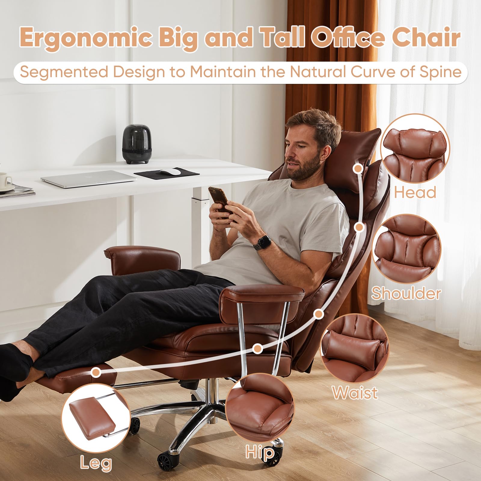 Executive Home Office Desk Chair - Ergonomic Big Tall High Back with Footrest & Lumbar Support, Reclining Height Adjustable, Comfy PU Leather Computer Gaming with Swivel Wheels, Brown