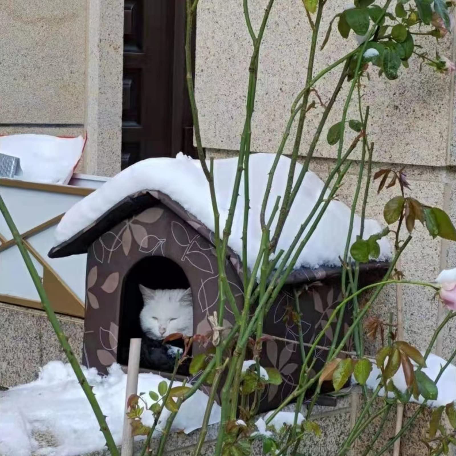 Outdoor Cat House, Cat Houses for Outdoor Cats, Weatherproof Warm and Insulated Cat House with Transparent Curtain Pet House, Stray Cats Shelter (Shabby Chic, Medium-Houses)