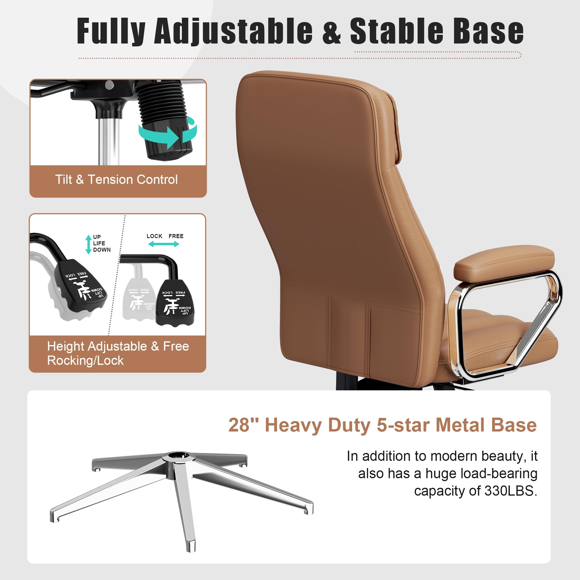 Okeysen Executive Office Chair, Modern Leather Chair with Headrest & Lumbar Support, High Back Ergonomic Chair with Padded Armrests & Seat, Height Adjustable Swivel Rolling Chair for Home Office.