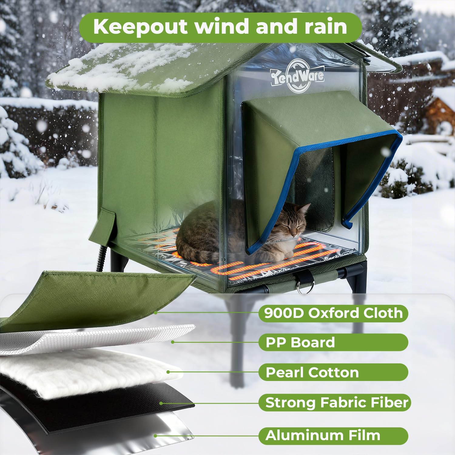 Outdoor Cat House Heated Cat House for Outside with Elevated Base Cat-Attracting Eave Design Feral Stray Shelter Weatherproof in Winter Garage Yard Porch