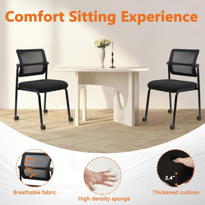 Stacking Chairs 8 PK, Adjustable Backrest Stackable Mesh Office Waiting Room Armless Chair with Wheels for Guest Reception Conference Lobby Side School, Black