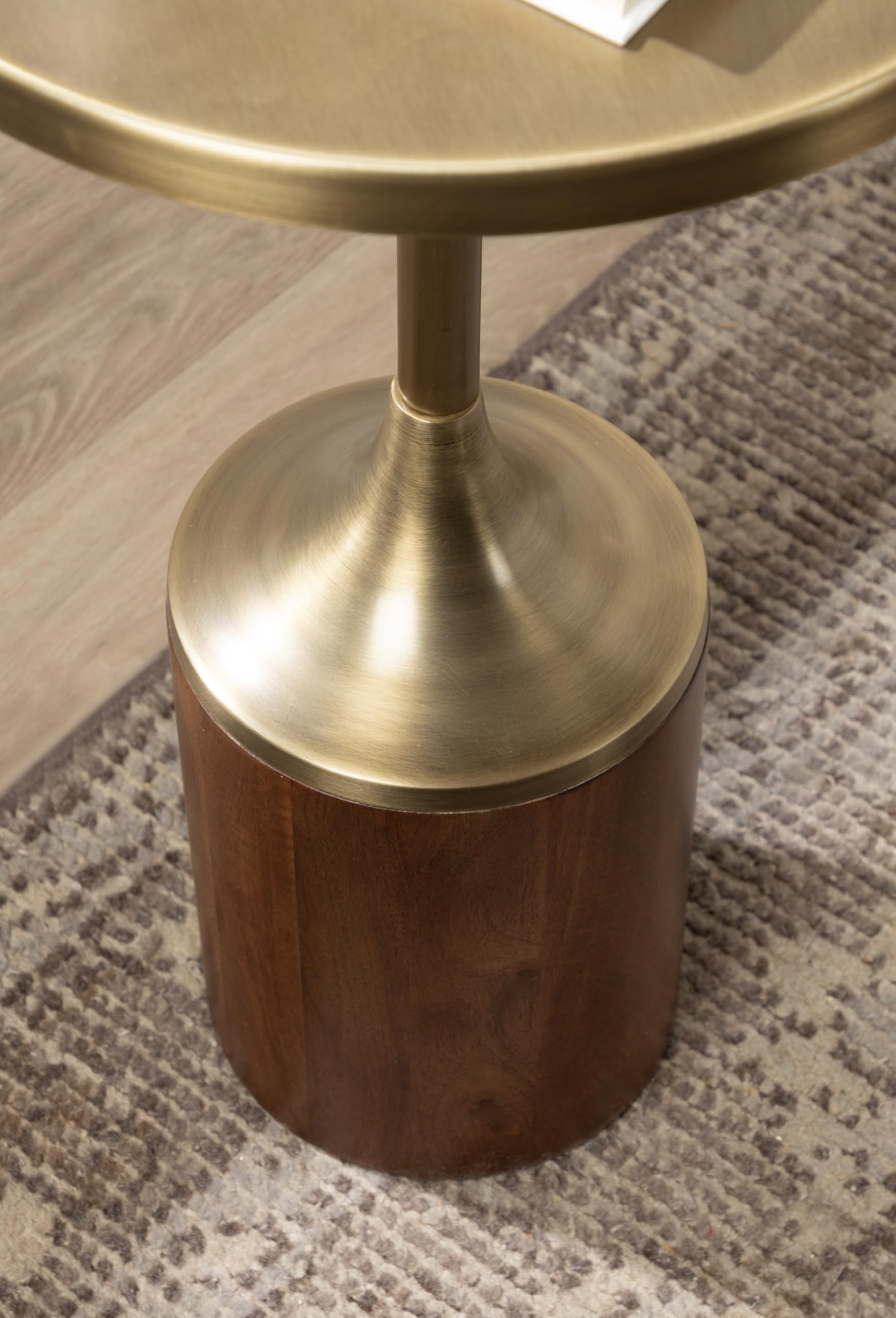 Whelan Modern Metal Round Side Table, 14 x 14 x 24, Antique Brass and Walnut Brown, Transitional Sculptural Indoor Plant Stand for Living Room End Table or Bedroom Nightstand