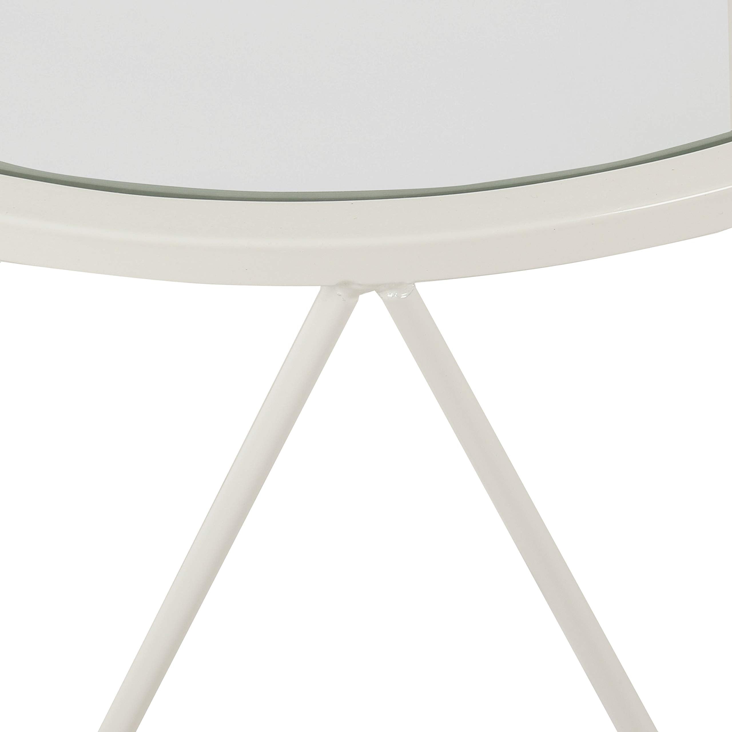 Metal Accent Table Triangle Base Round Mirror Top, White 18.24D x 24W x 18H in
