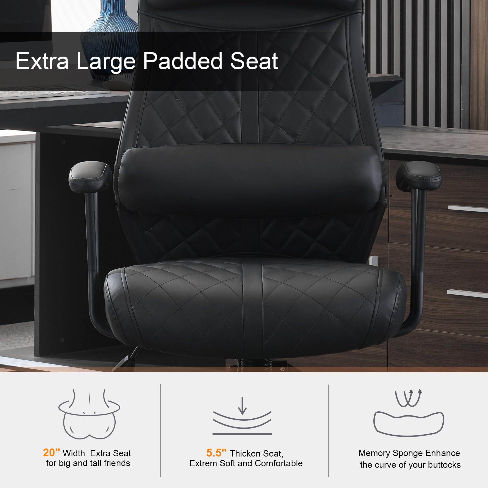 Modern Leather Office Chair, High Back Conference Room Chairs Mid-Century Reclining Office Chairs with Removable Pillow, Padded Executive Office Chair for Home, Office.