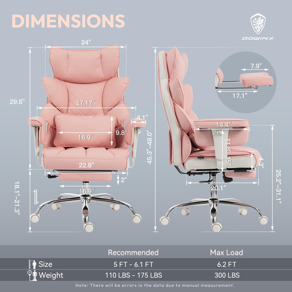 Big and Tall Office Chair with Pocket Springs Cushion,High Back Computer Gaming Chairs with Adjustable Armrests,Executive Desk Chairs with Lumbar Support and Footrest,PU Leather-Pink