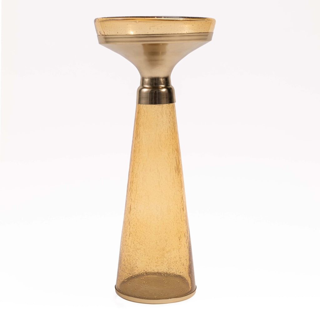 Modern Decorative Round Drink Table with Glass Base and Top with Gold Metal Accent, Martini, Gold Pedestal Table, Tall Side Table, Small Space end Table, for Living Room & Bedroom, Amber,Assembled