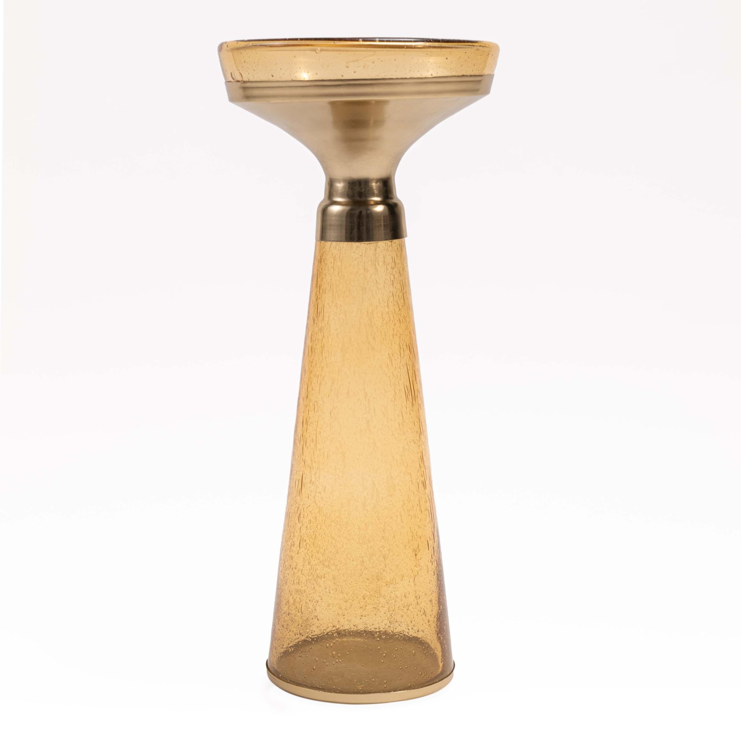 Modern Decorative Round Drink Table with Glass Base and Top with Gold Metal Accent, Martini, Gold Pedestal Table, Tall Side Table, Small Space end Table, for Living Room & Bedroom, Amber,Assembled