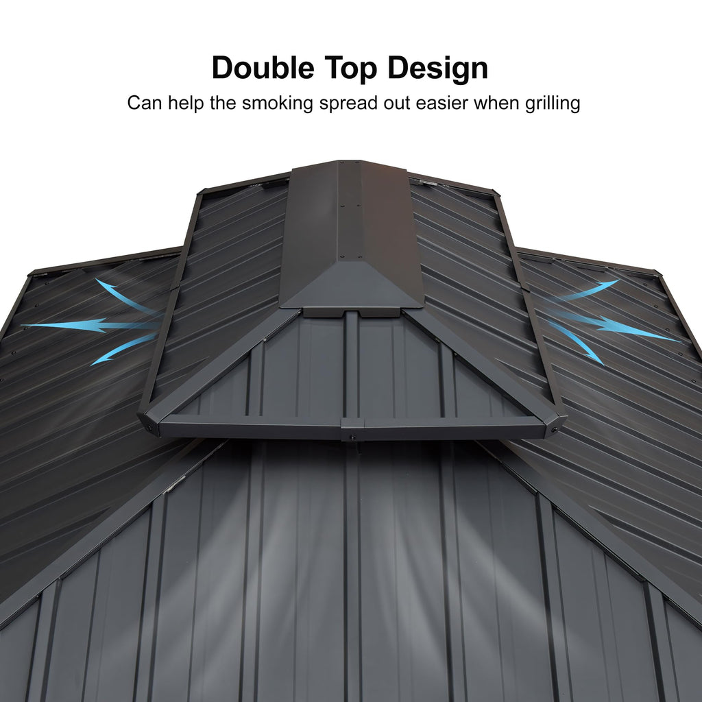 6.5' X 10' Hardtop Grill Gazebo for Patio Permanent Aluminum Barbeque Shelter Gazebo Canopy with Ceiling Hook and Shelves Double Tiered Grey Outdoor BBQ