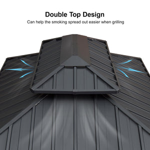 6.5' X 10' Hardtop Grill Gazebo for Patio Permanent Aluminum Barbeque Shelter Gazebo Canopy with Ceiling Hook and Shelves Double Tiered Grey Outdoor BBQ