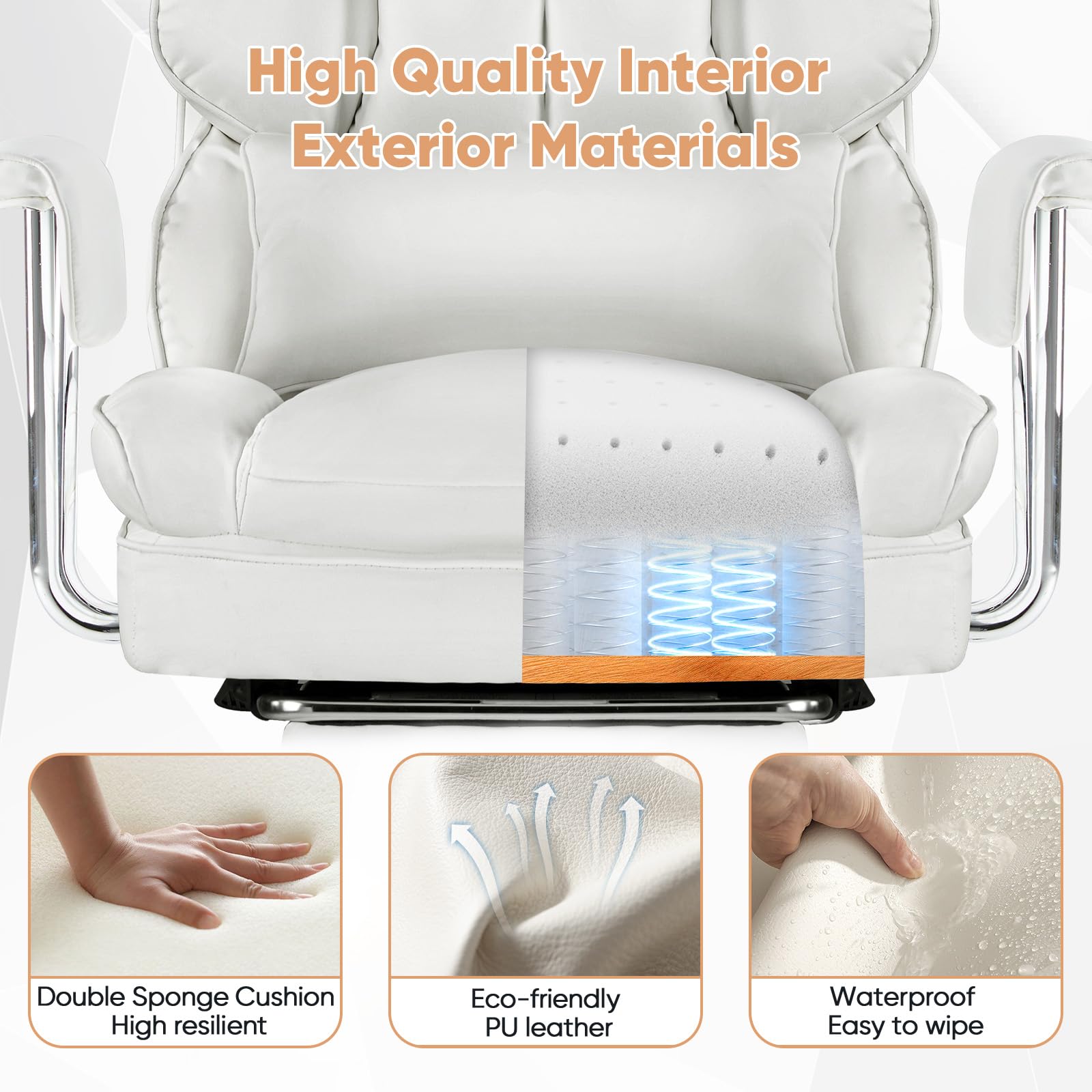 Executive Home Office Desk Chair - Ergonomic Big Tall High Back with Footrest & Lumbar Support, Reclining Height Adjustable, Comfy PU Leather Computer Gaming with Swivel Wheels, White