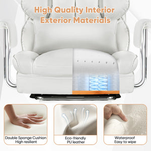 Executive Home Office Desk Chair - Ergonomic Big Tall High Back with Footrest & Lumbar Support, Reclining Height Adjustable, Comfy PU Leather Computer Gaming with Swivel Wheels, White