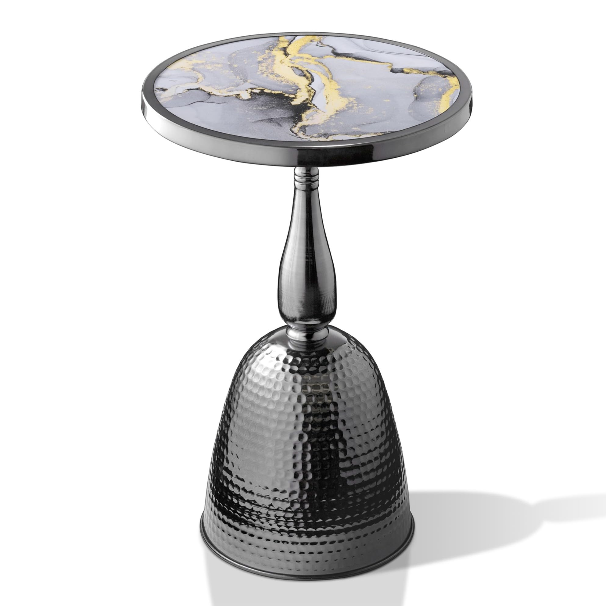 Modern 24" Tall Round End Table with Decorated Tabletop and Iron Metal Base, Accent Furniture, Elegant Pedestal Stand for Living Room, Home Office, Black with Faux Marble