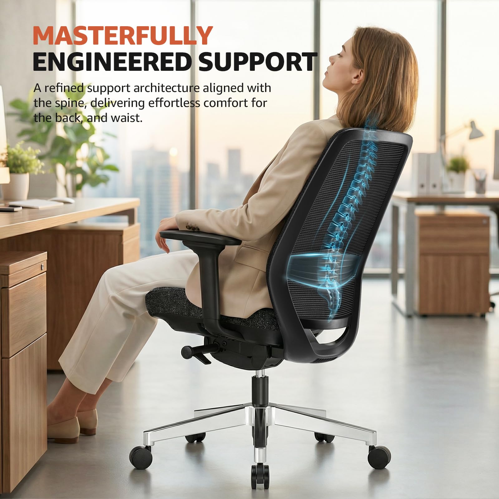 Ergonomic Office Chair - High-Back Mesh Desk Chair with Adjustable Lumbar Support 4D Armrests for Long Hours Sitting Black