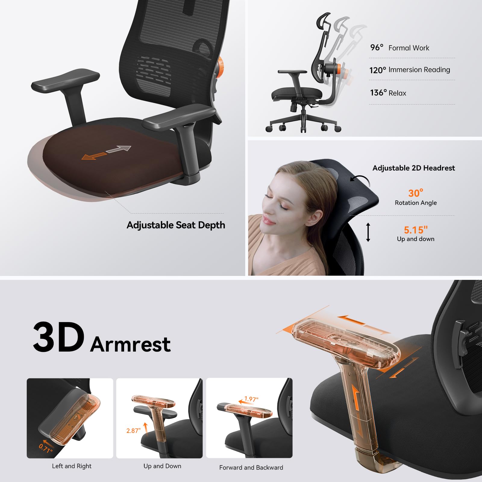 Ergonomic Office Chair with Adaptive Lumbar Support- High Back Desk Chair with Adjustable Headrest, 3D Armrest, Adjustable Seat Depth & Height, Home Office