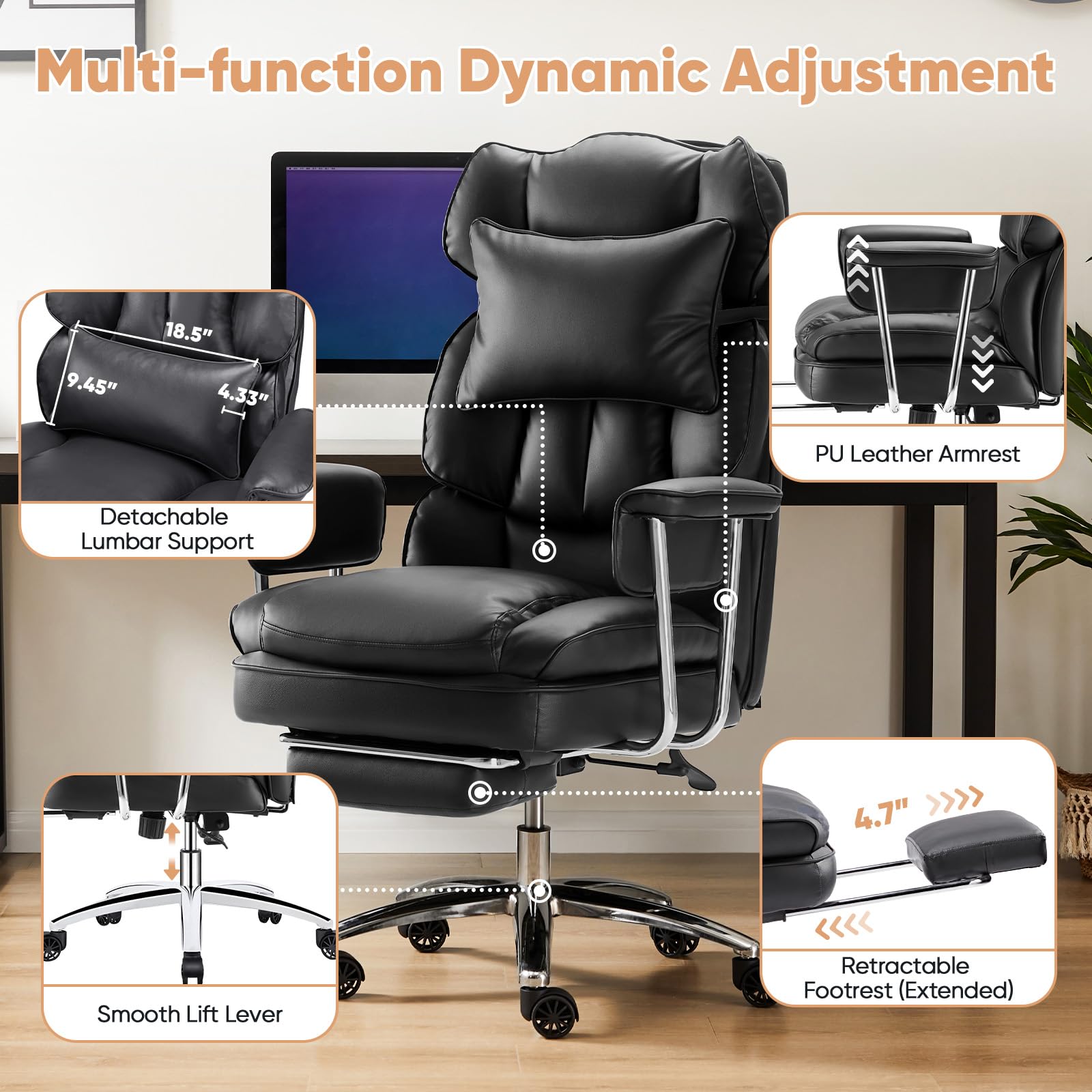 Executive Home Office Desk Chair - Ergonomic Big Tall High Back with Footrest & Lumbar Support, Reclining Height Adjustable, Comfy PU Leather Computer Gaming with Swivel Wheels, Black