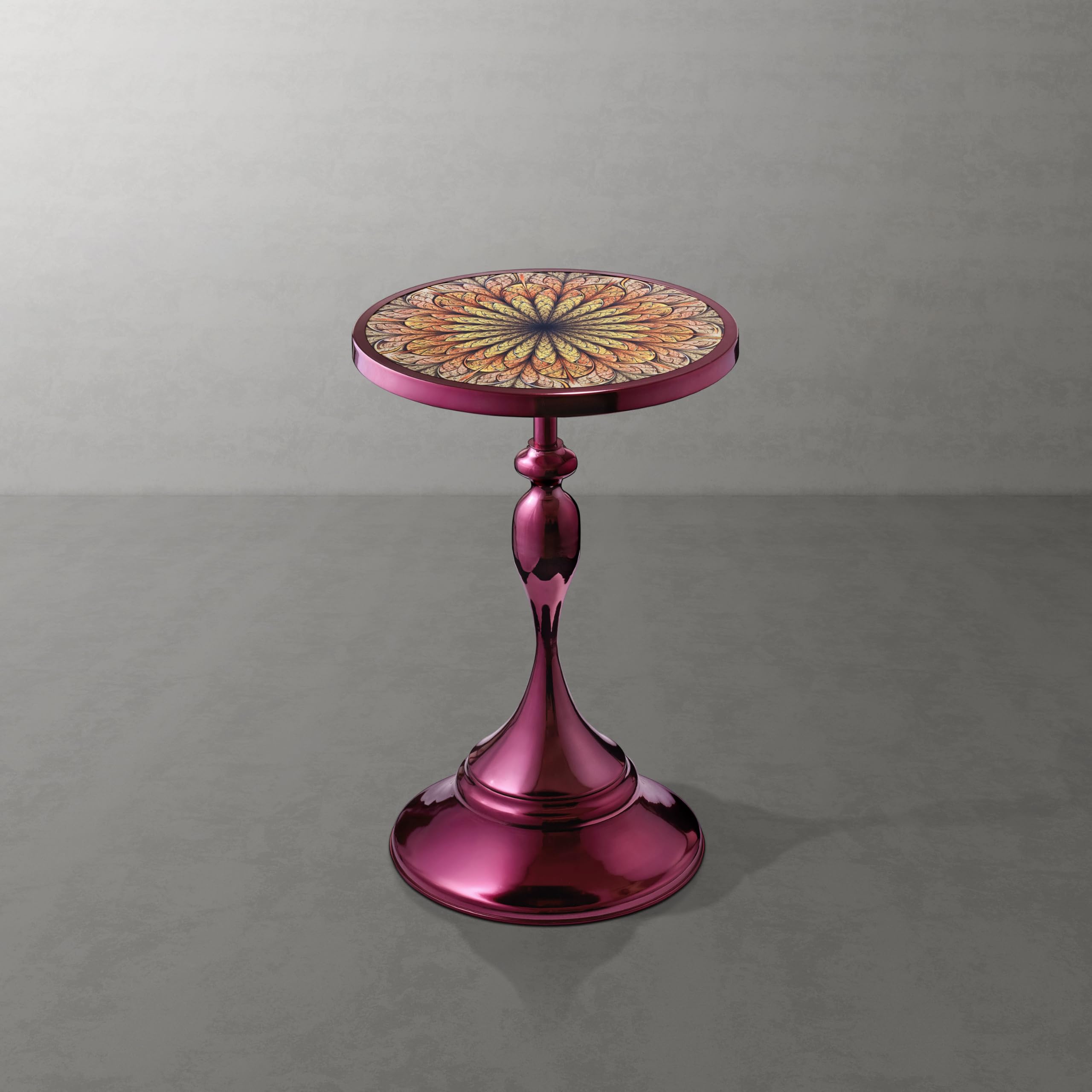 Modern 24" Tall Round End Table with Decorated Tabletop and Iron Metal Base, Accent Furniture, Elegant Pedestal Stand for Living Room, Home Office, Chrome Purple