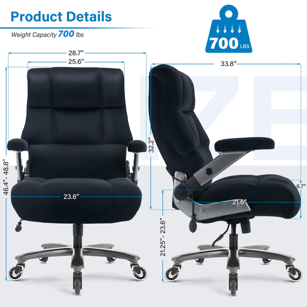 Big and Tall Office Chair 700lbs- Executive Desk Chair with Adjustable Lumbar Support 3D Flip UP Arms- Heavy Duty Quiet Wheels Metal Base Ergonomic Computer Chairs, Black