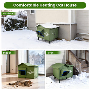 Outdoor Cat House Heated Cat House for Outside with Elevated Base Cat-Attracting Eave Design Feral Stray Shelter Weatherproof in Winter Garage Yard Porch