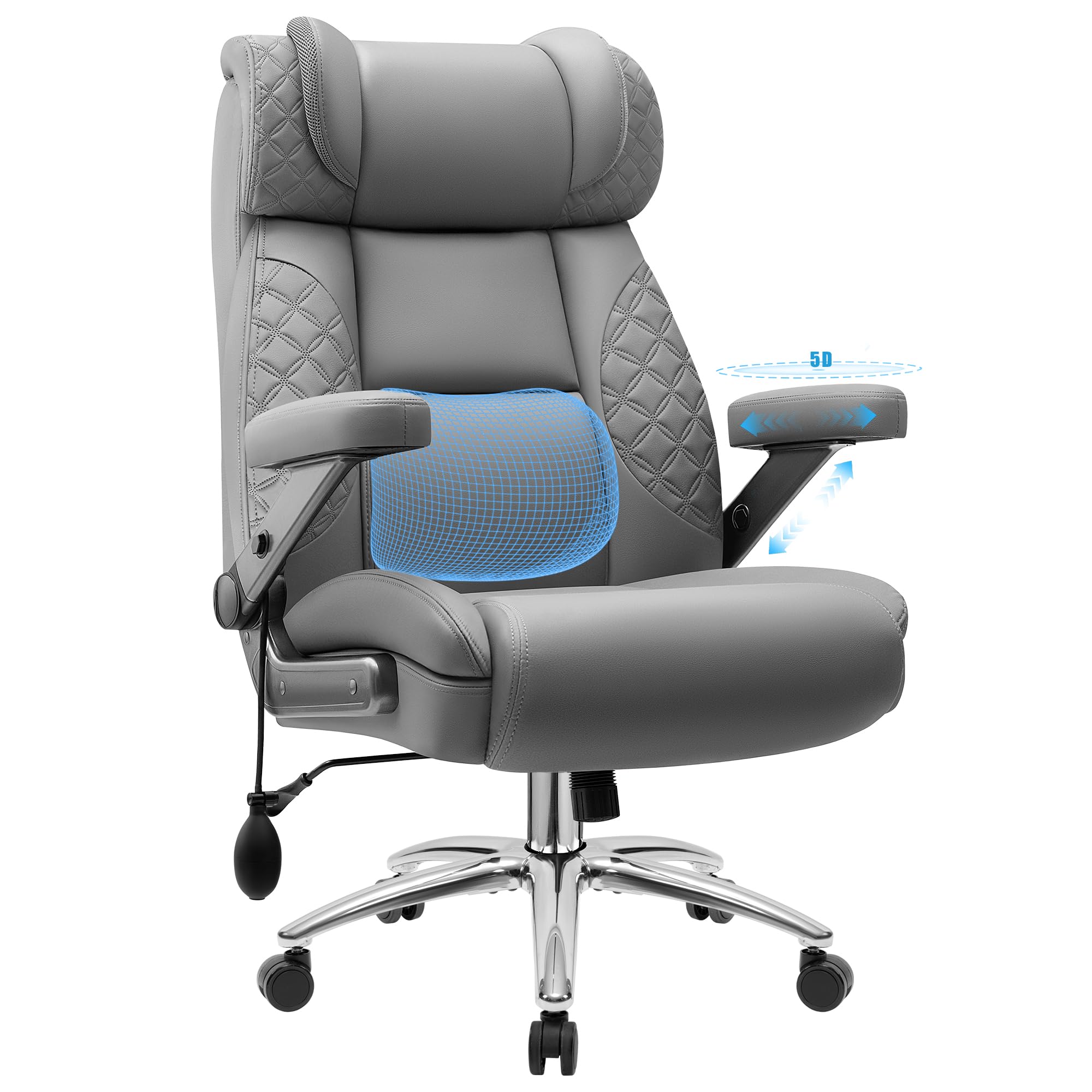 Office Chair, 5D Flip Arm Ergonomic Desk Chair with Adjustable Lumbar Support for Back Pain, Extra Wide 500LBS Comfy Big and Tall Office Chair, Executive Leather Computer Game Chair for Heavy People