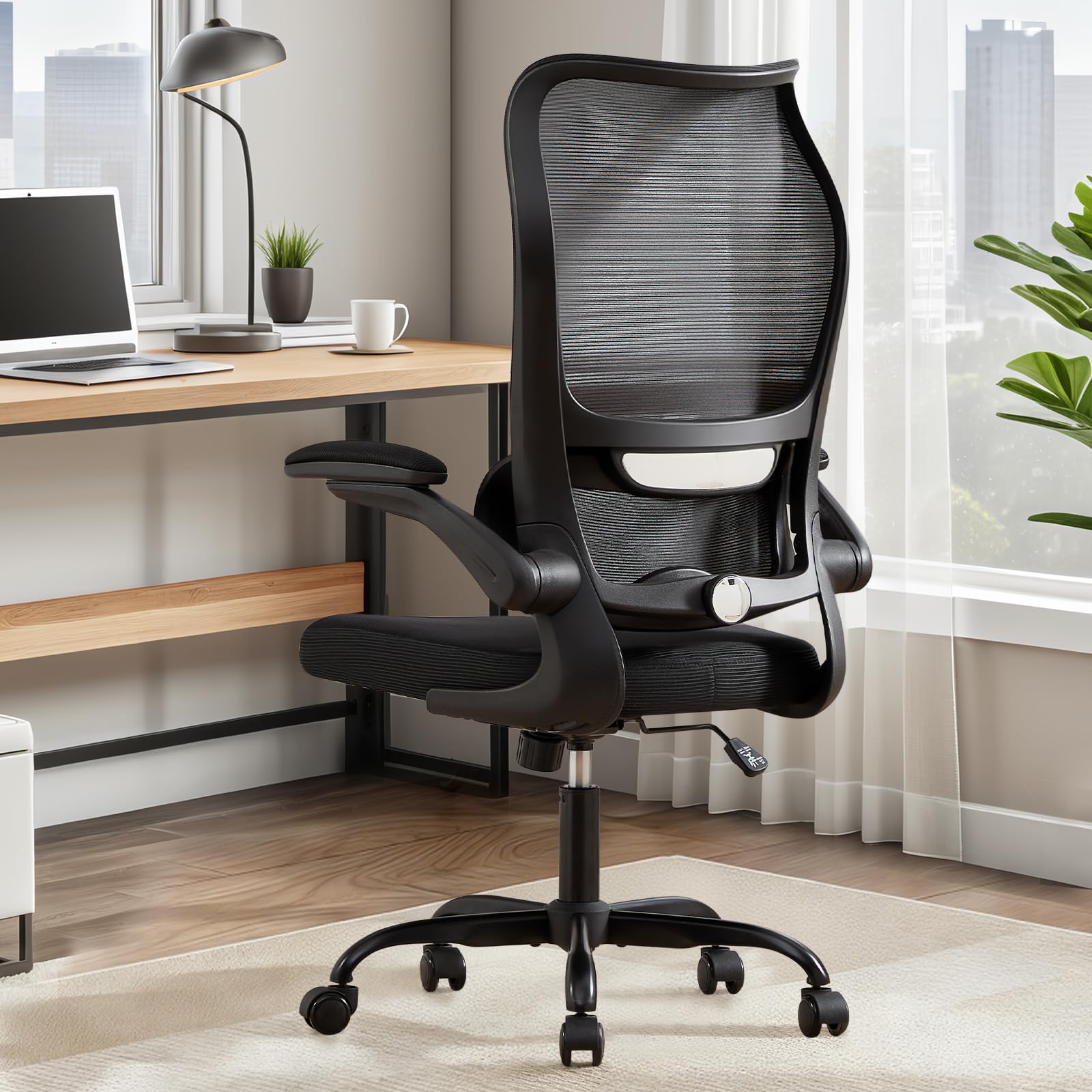 Ergonomic Office Chair with Adjustable Lumbar Support, Mesh Back, Flip-Up Arms, Rocking Mode with Tension Control, 300 lbs Weight Capacity, Black and White (Black)