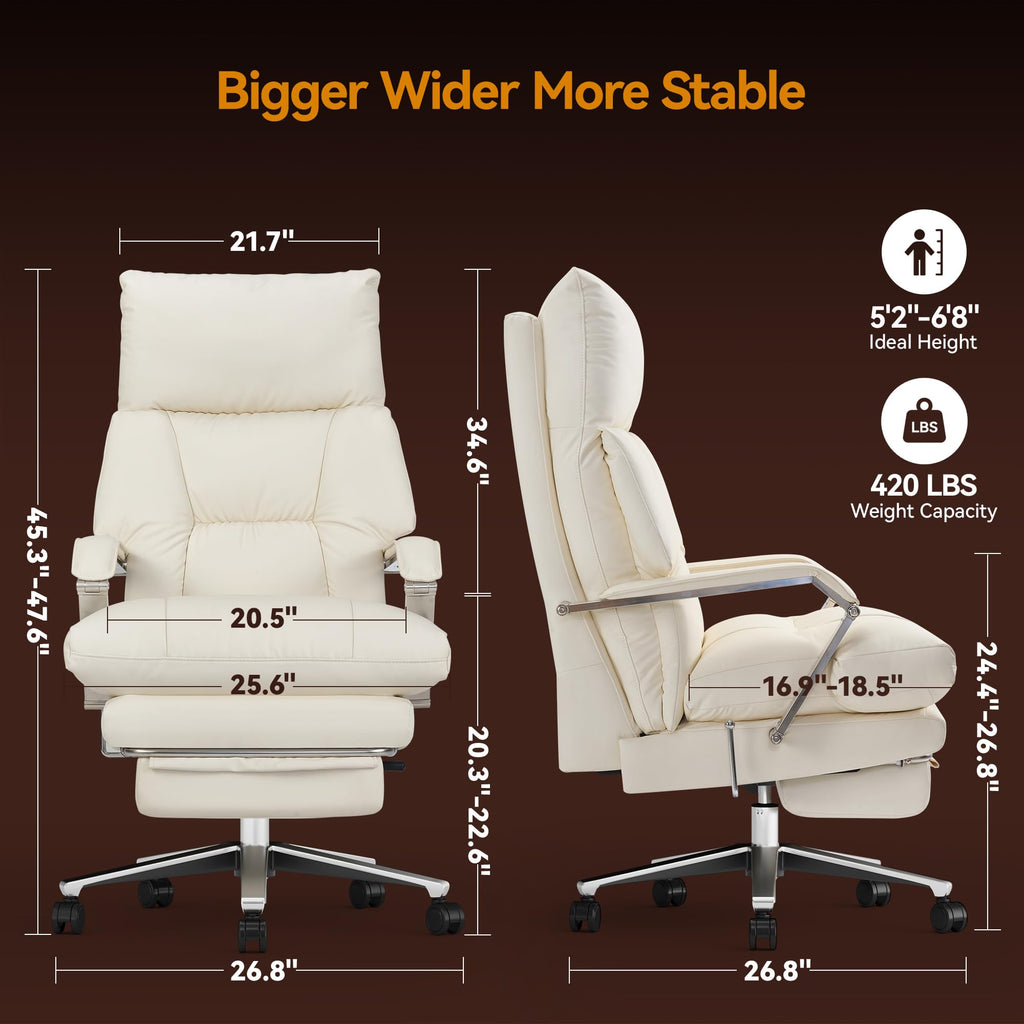 160° Reclining Office Chair with Footrest, 10" Thick Cloud Cushion Executive Desk Chair, Extra Wide Cross-Legged Ergonomic Chair for Big and Tall, Adjustable Seat Depth, Easy Assembly, Cream