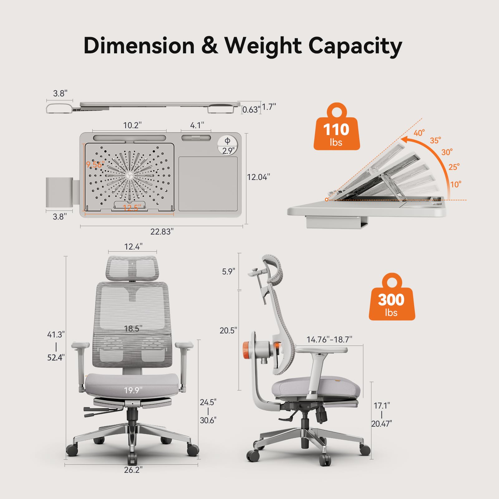 Ergonomic Home Office Chair-Office Desk Chair with Footrest, Auto-Following Backrest & Headrest, 4D Armrests, 96°-136° Recline (Gray, with Laptop Table)