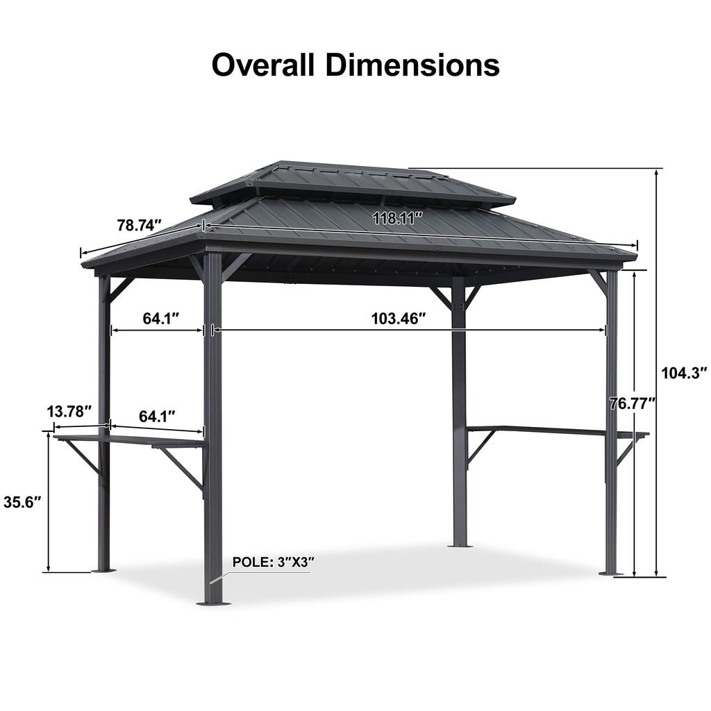 6.5' X 10' Hardtop Grill Gazebo for Patio Permanent Aluminum Barbeque Shelter Gazebo Canopy with Ceiling Hook and Shelves Double Tiered Grey Outdoor BBQ