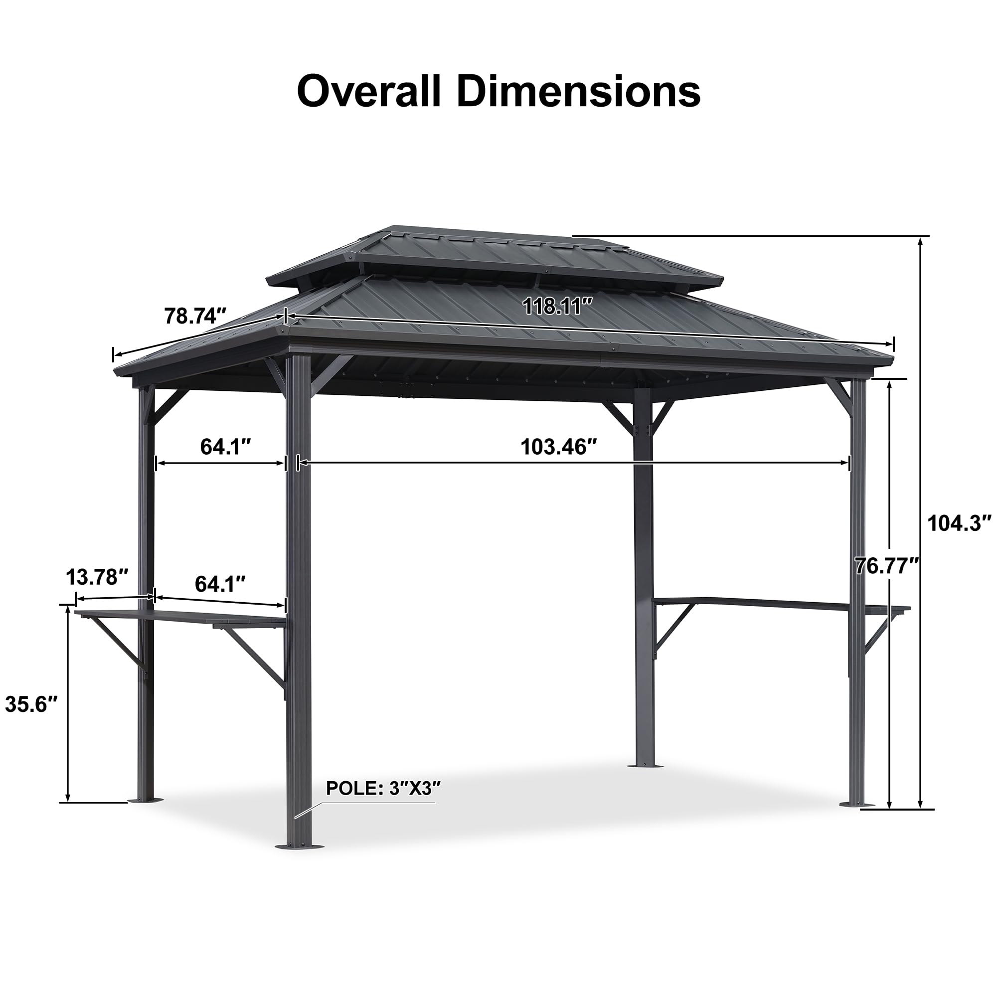 6.5' X 10' Hardtop Grill Gazebo for Patio Permanent Aluminum Barbeque Shelter Gazebo Canopy with Ceiling Hook and Shelves Double Tiered Grey Outdoor BBQ