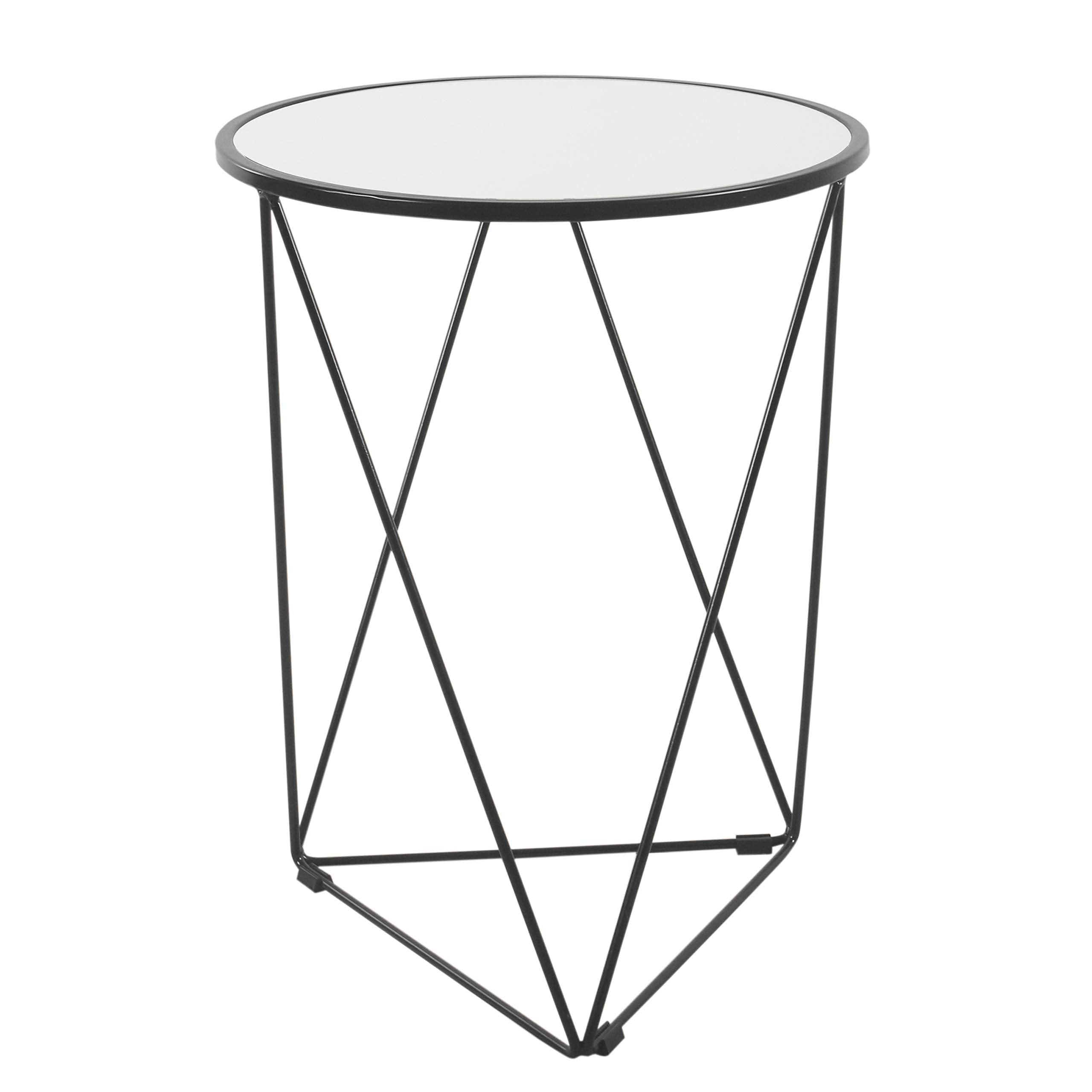 Metal Accent Table Triangle Base Round Mirror Top, Black, 18D x 18W x 24H