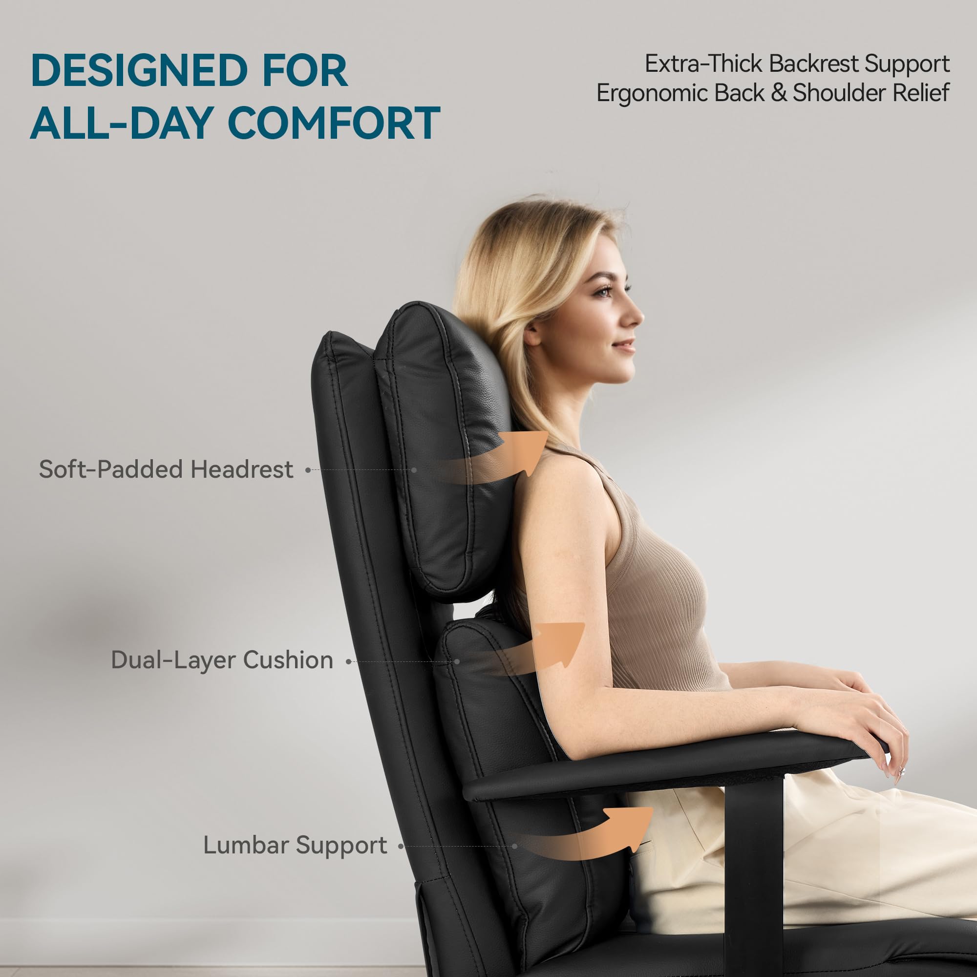 Reclining Office Chair with Adjustable Headrest and Footrest, 170° Ergonomic Comfortable Office Chair Zero Gravity, Leather Executive Home Office Desk Chair (Black)