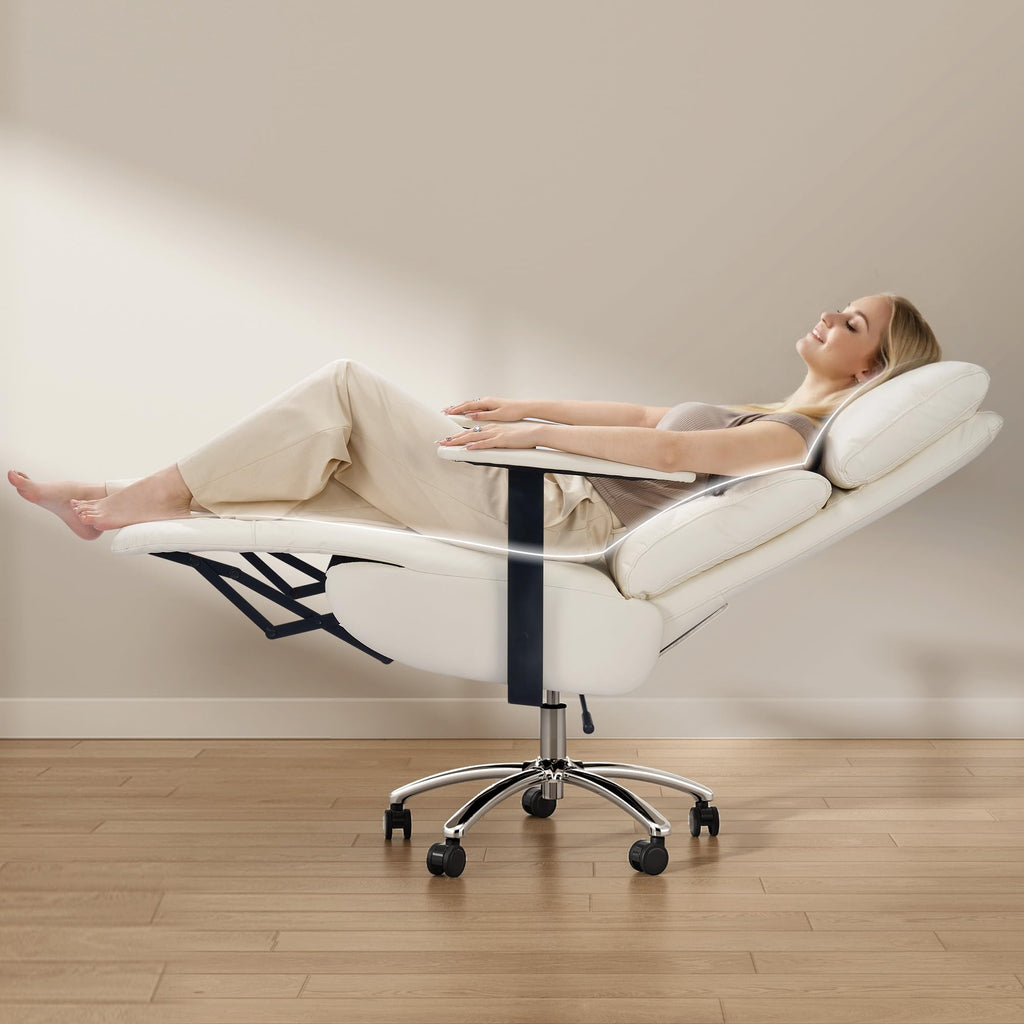 Reclining Office Chair with Adjustable Headrest and Footrest, 170° Ergonomic Comfortable Office Chair Zero Gravity, Leather Executive Home Office Desk Chair (Cream)
