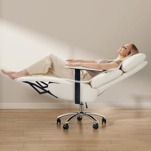 Reclining Office Chair with Adjustable Headrest and Footrest, 170° Ergonomic Comfortable Office Chair Zero Gravity, Leather Executive Home Office Desk Chair (Cream)