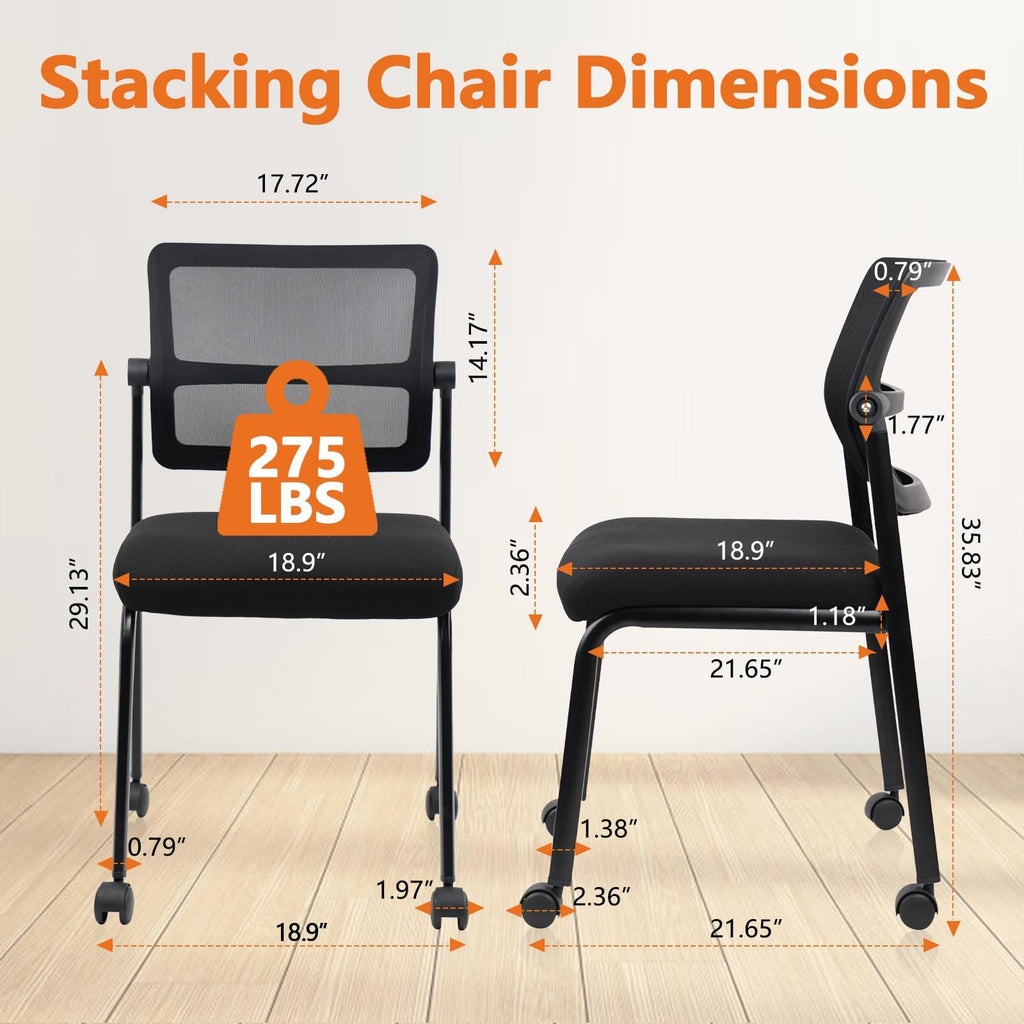 Stacking Chairs 8 PK, Adjustable Backrest Stackable Mesh Office Waiting Room Armless Chair with Wheels for Guest Reception Conference Lobby Side School, Black
