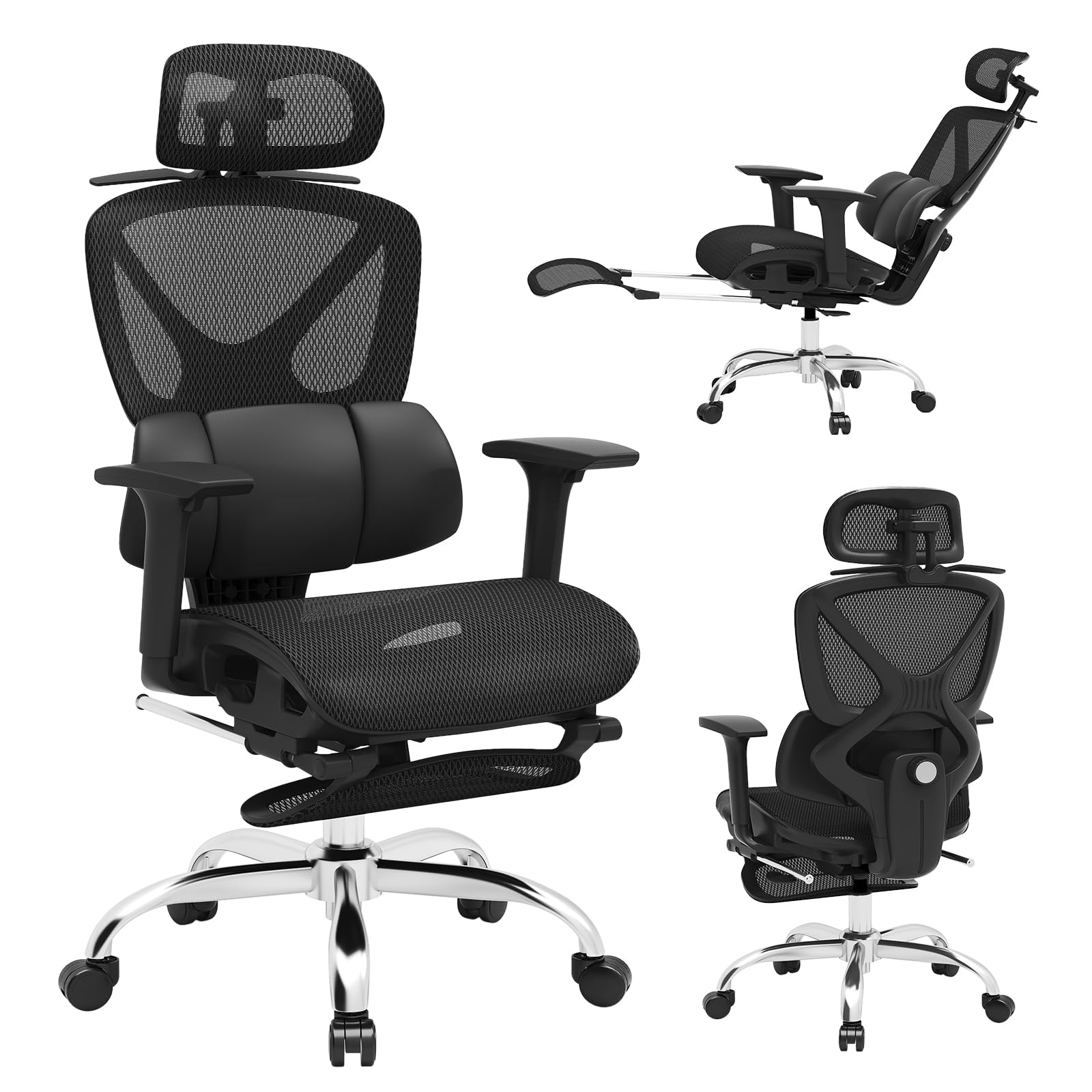 Ergonomic Mesh Office Chair, Home Desk Chair Comfy with Adjustable Lumbar Support 3D Headrest and Armrests, Reclining Big and Tall High Back Computer Gaming Chairs for Man Women, 350lbs Black