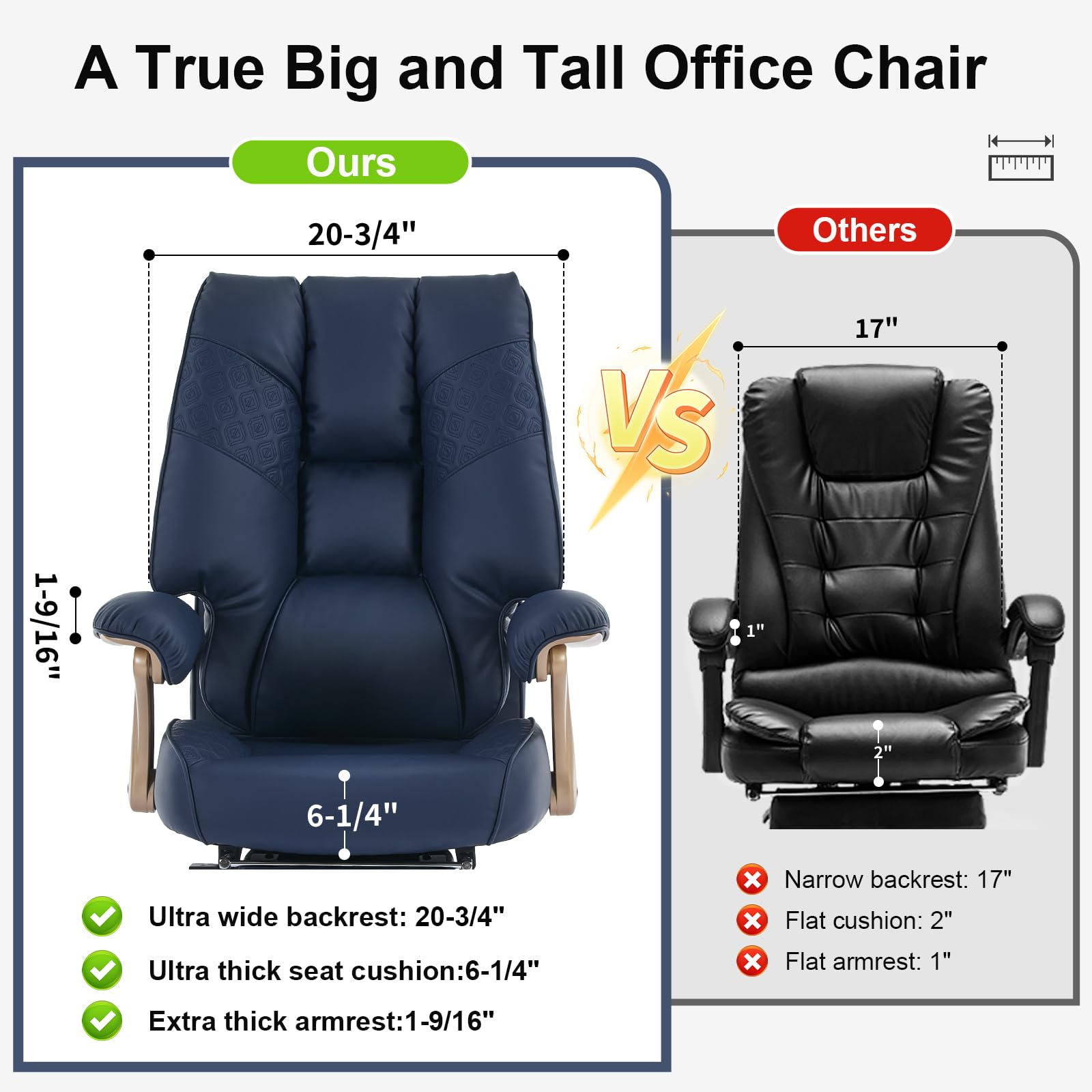 Big and Tall Executive Office Chair with Footrest, 400LBS Capacity Ergonomic High-Back Desk Office Chair with Lumbar Support, Padded Armrests & Thick Cushion, Blue PU Leather Chairs