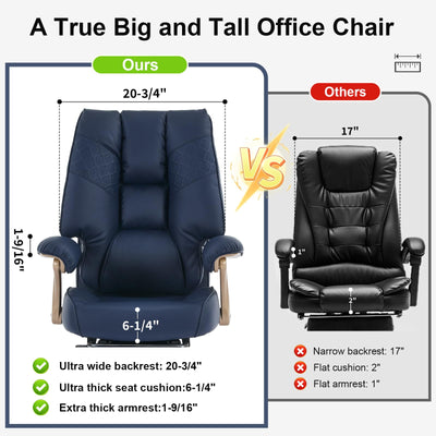 Big and Tall Executive Office Chair with Footrest, 400LBS Capacity Ergonomic High-Back Desk Office Chair with Lumbar Support, Padded Armrests & Thick Cushion, Blue PU Leather Chairs