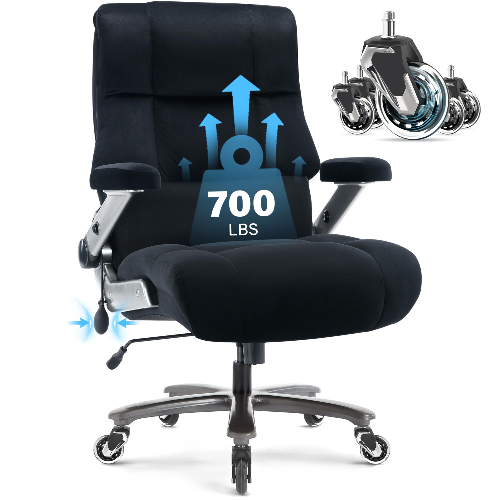 Big and Tall Office Chair 700lbs- Executive Desk Chair with Adjustable Lumbar Support 3D Flip UP Arms- Heavy Duty Quiet Wheels Metal Base Ergonomic Computer Chairs, Black