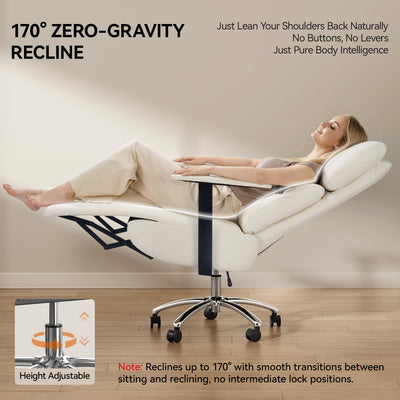 Reclining Office Chair with Adjustable Headrest and Footrest, 170° Ergonomic Comfortable Office Chair Zero Gravity, Leather Executive Home Office Desk Chair (Cream)