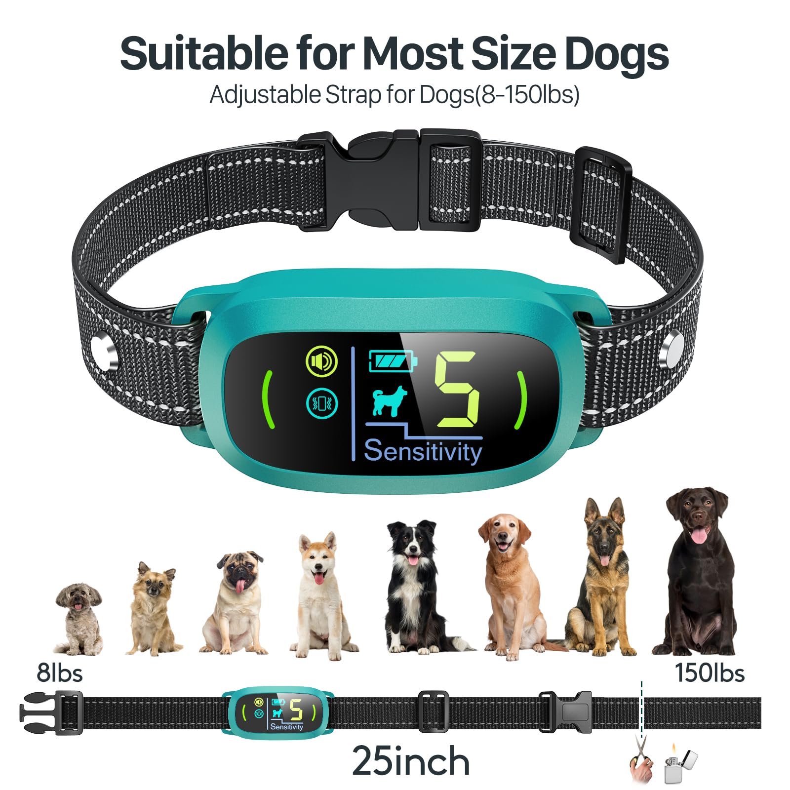 Dog Bark Collar for Large Medium Small Dogs, Rechargeable Smart Bark Collar, Anti Barking Training Collar with 5 Adjustable Sensitivity Beep Vibration (Teal)