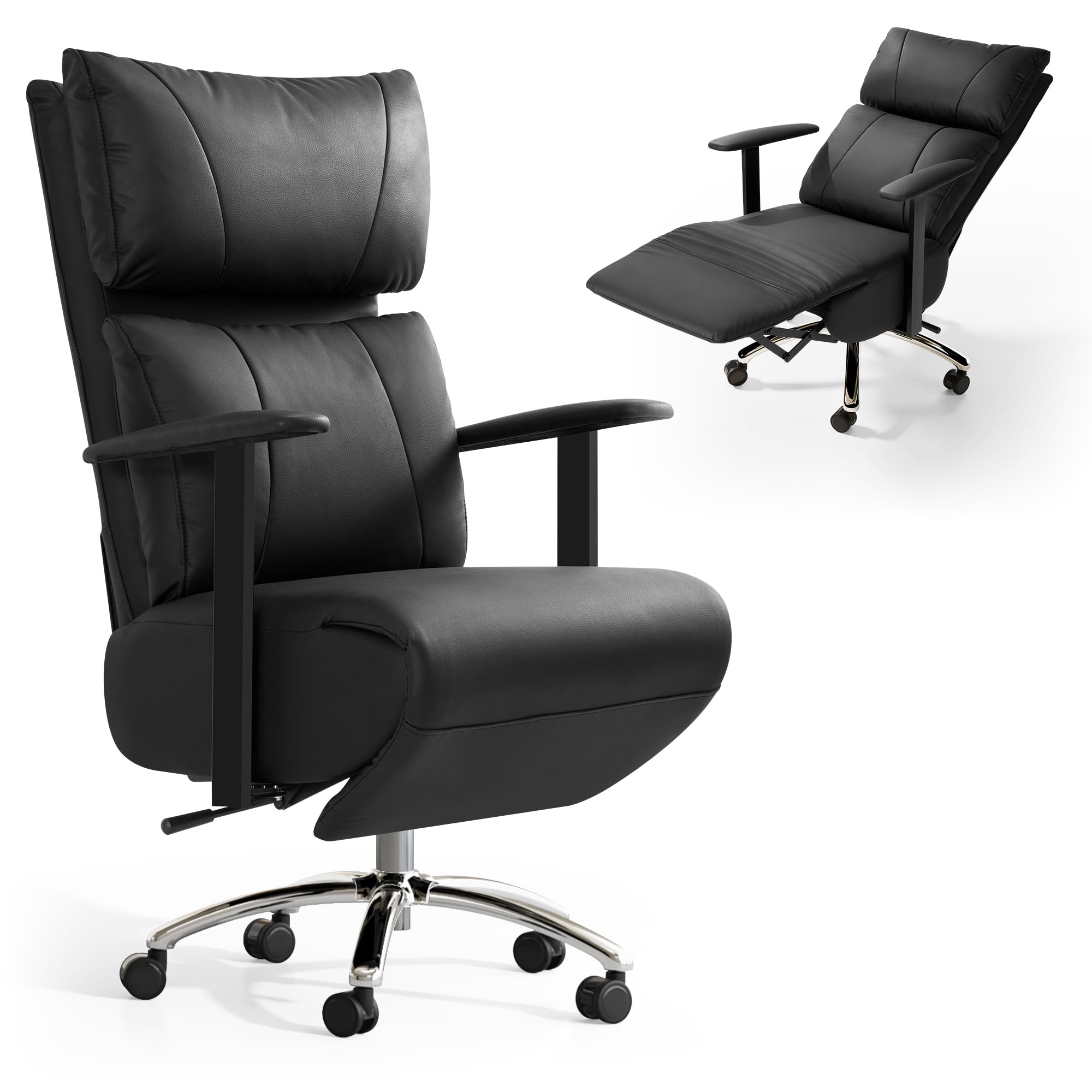 Reclining Office Chair with Adjustable Headrest and Footrest, 170° Ergonomic Comfortable Office Chair Zero Gravity, Leather Executive Home Office Desk Chair (Black)