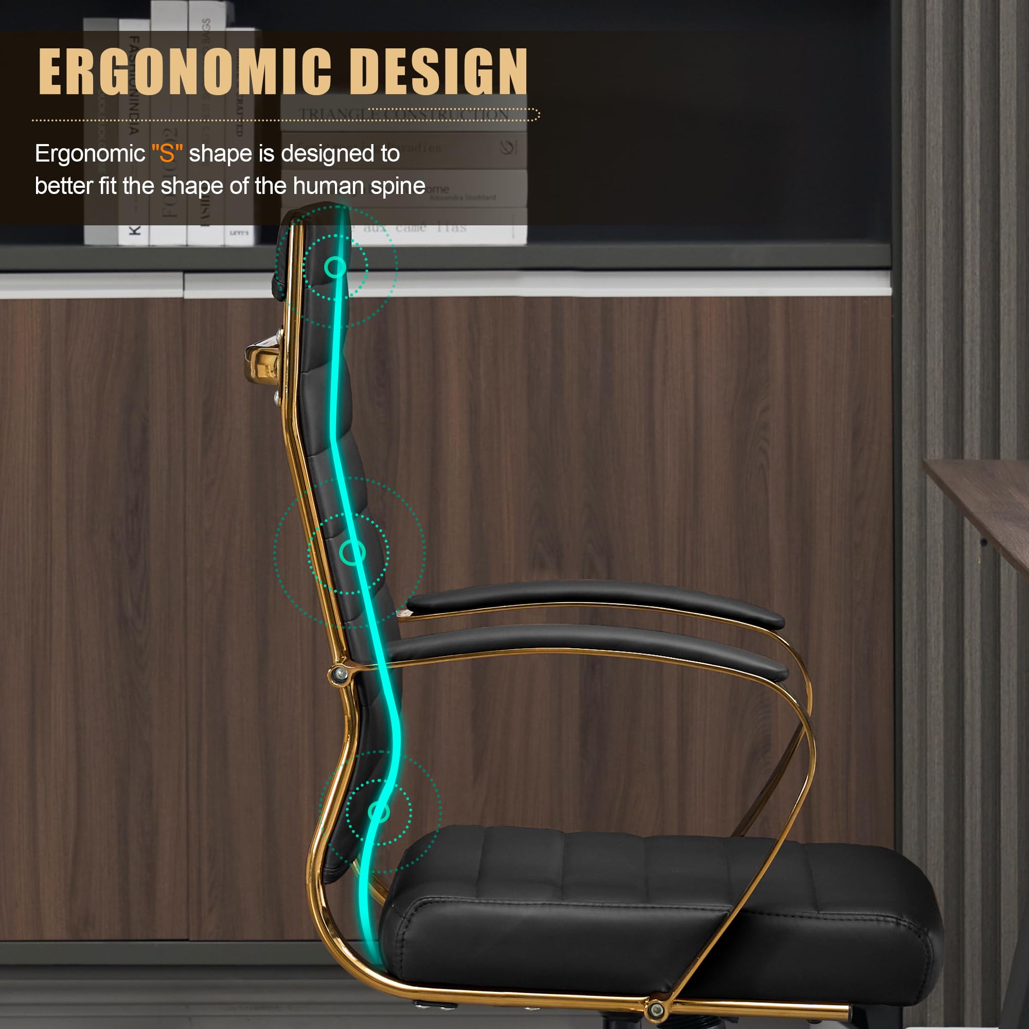 Gold Office Desk Chair, Ergonomic Leather Modern Conference Room Chairs, Executive Ribbed Height Adjustable Swivel Rolling Golden Chair for Home Office.